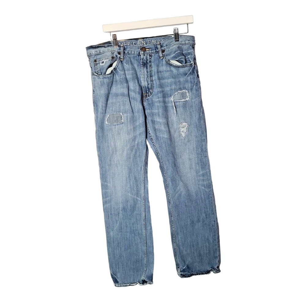 American Eagle Blue Denim Straight Relaxed Fit Distressed Jeans Men's Size 33x32